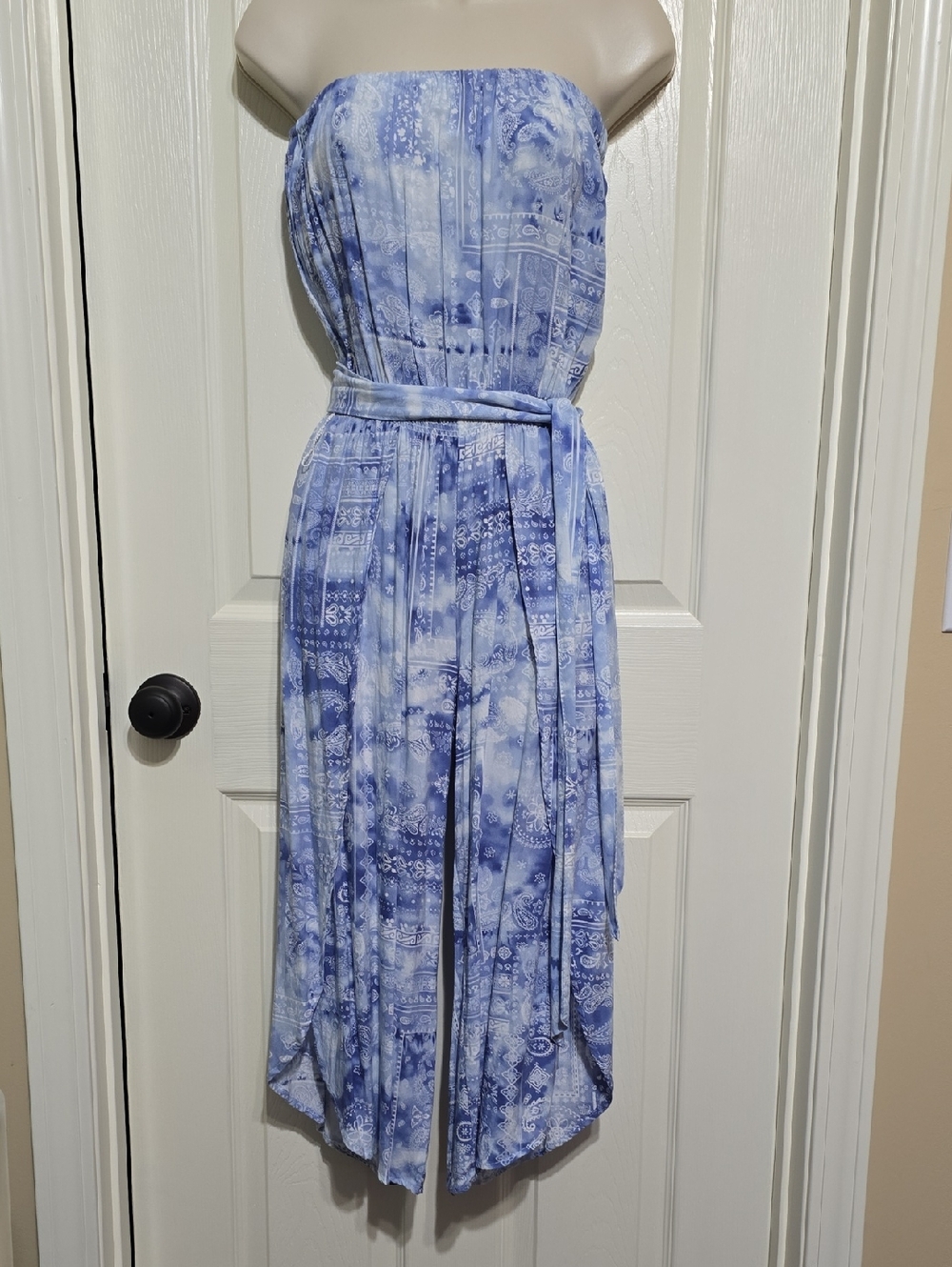 Ocean Drive Blue and White Paisley Strapless Jumpsuit